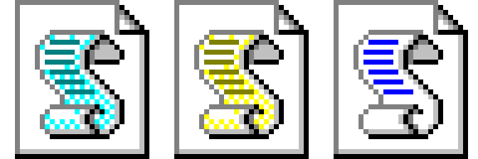~左からVBScript・JScriptのアイコン、用途不明な白地に青文字の巻物アイコン